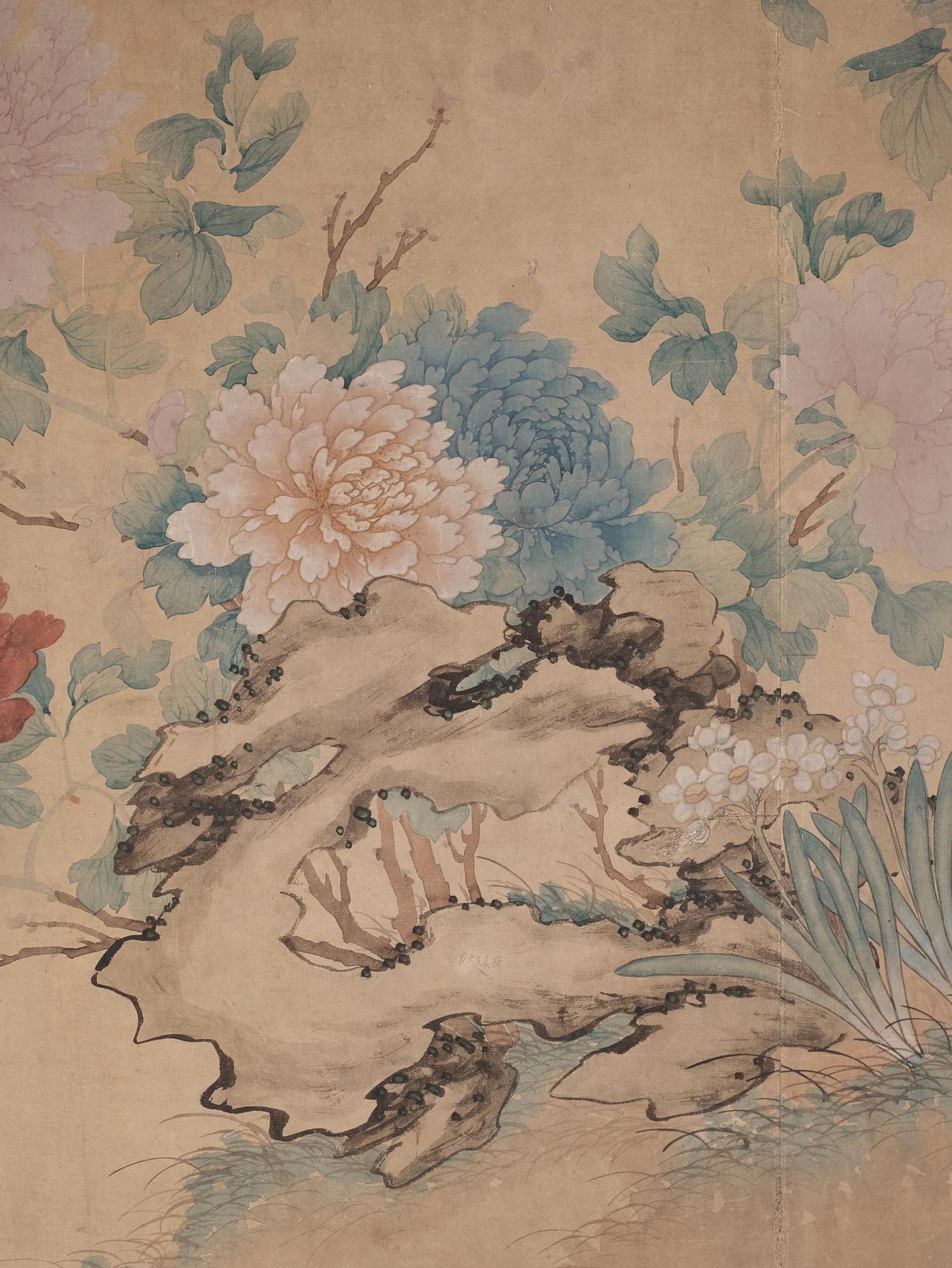 A Chinese scroll painting/wall paper-panel, ink and colour on paper, after Jiang Tingxi (1669-1732), Qing dynasty.