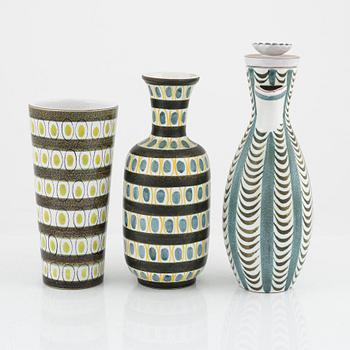 A set of two vases and a pitcher, faience, by Stig Lindberg, Gustavsberg.