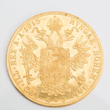 GULDMYNT, 23 karat guld, 4 dukat, Österrike-Ungern 1915. Total vikt ca 13,9 gram.