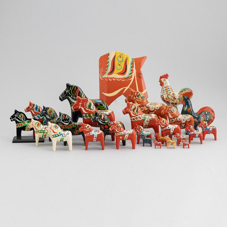 A set of painted wooden horses and roosters from Dalarna, Sweden, mid 20th century and late 20th century.