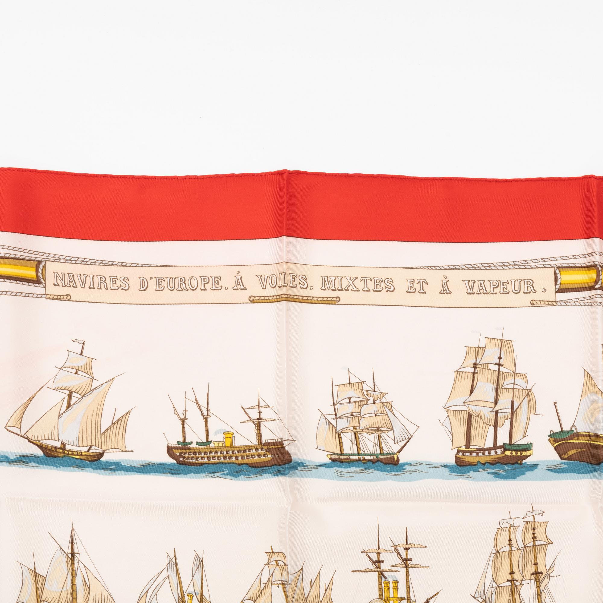 Hermès, a 'Navires d'Europe à Voiles, Mixtes et à Vapeur' silk scarf.