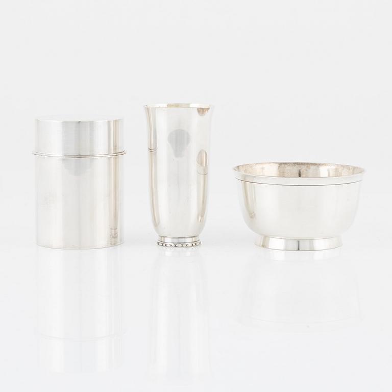 A Swedish silver vase, a bowl and a box with cover, including Atelier Borgila, Stockholm, 1966.