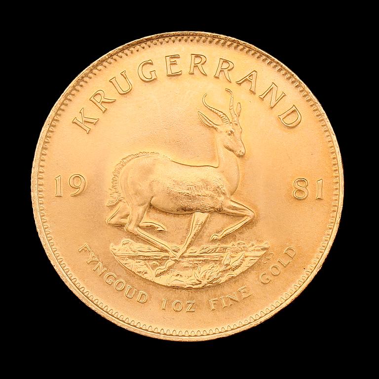 GULDMYNT, finguld, Krugerrand, Sydafrika, 1981. Vikt ca 34 g.