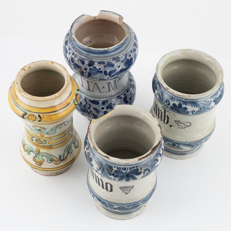 Seven earthenware apothcahry jars, southern Europe, 18th/19th century.