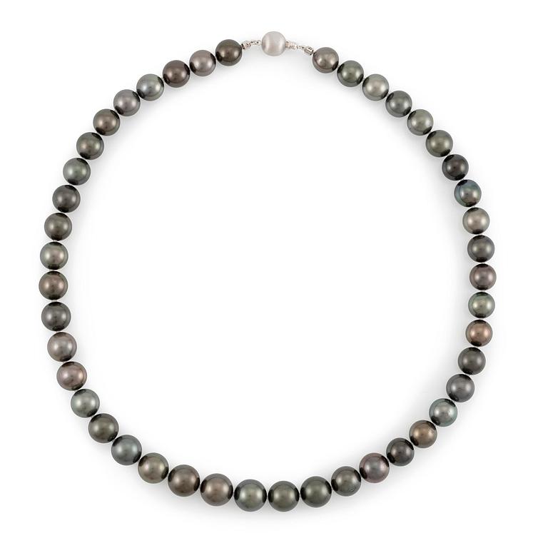 A necklace with cultured Tahitian pearls.