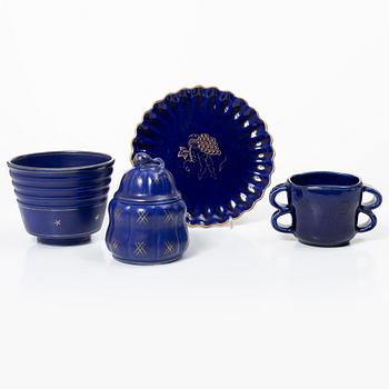 Wilhelm Kåge, a vase, jar with cover, flower pot and plate, Gustavsberg, Sweden, 1924-1930.