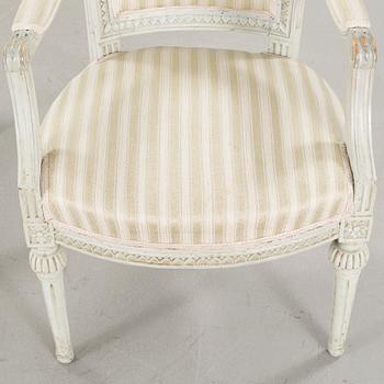 Two gustavian armchairs signed OBS, Olaus Bentsson, Lindome, around the year 1800.