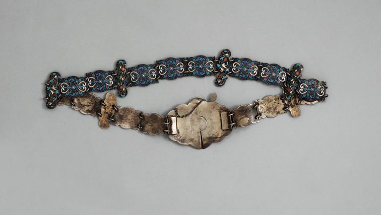 A RUSSIAN SILVER AND ENAMEL BELT, Makers mark possibly of  Gustaf Klingert, Moscow 1899-1908.