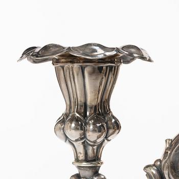 A pair of Baroque style silver candelabras, C.G.Hallberg, Stockholm, Sweden, 1945.
