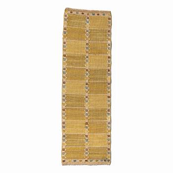 Barbro Nilsson, a 'Kvadrater på linne, gul' textile, flat weave, c 84 x 26 cm, signed BN.