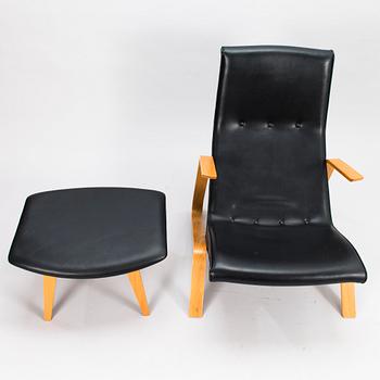EERO SAARINEN, fåtölj samt fotpall, "Grasshopper", licenstillverkad av Tetrimäki Finland.