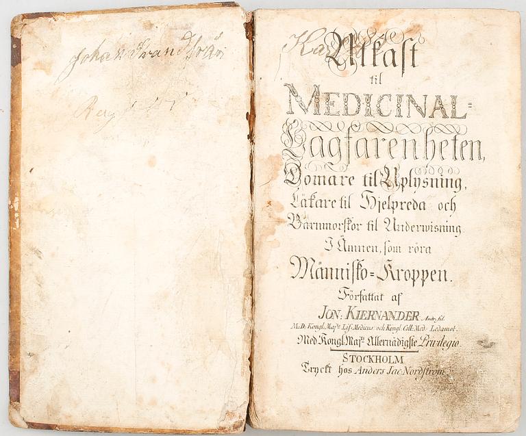 BOK: Utkast til medicinal-lagfarenheten, domare til uplysning, Jonas Kiernander, 1776.