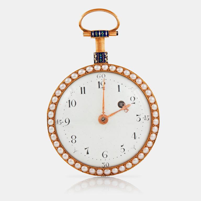 FICKUR, guld, emalj, pärlor samt pastestenar, märkt: "Breguet, Paris", sannolikt 1700-talets slut.