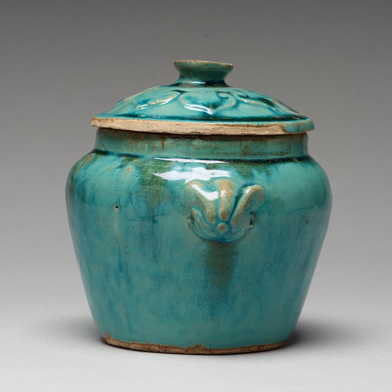 A turquoise glazed jar with cover, South China, presumably late Ming dynasty.