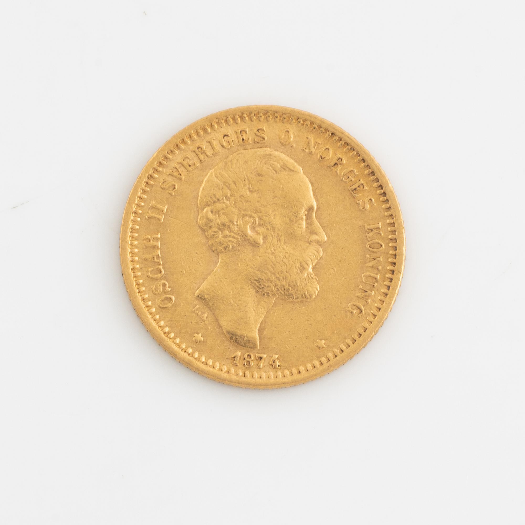 Oscar II, guldmynt, 10 kronor, 1874.