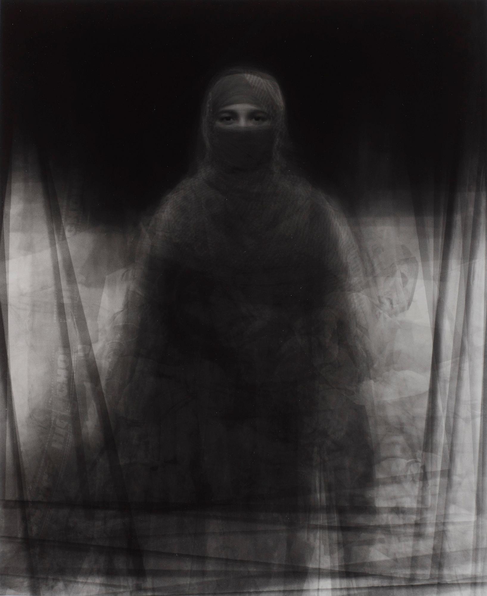 Ken Kitano, "Piling Portraits of 23 Muslim women wearing burkas (Niva, Bagachara, Bangladesh)", 2008.