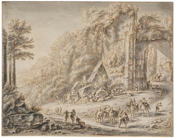 852. Gillis (Aegidius) Neyts, Ruined landscape with a travelling party.