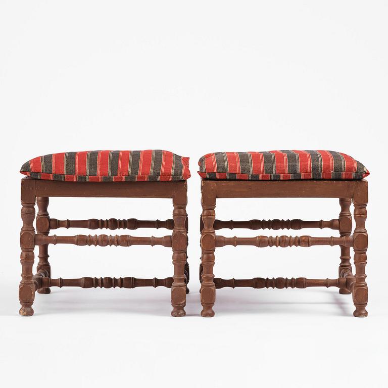 A pair of Swedish baroque stools, circa 1700.