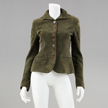 A dark green suede jacket by ralph lauren.