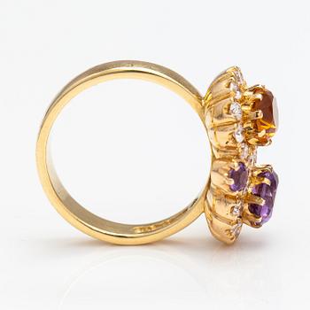 Ring "Sofia Albertina", 18K guld, citrin, ametister, diamanter ca 0.72 ct tot. Ofelia Jewelry, Helsingfors 1998.