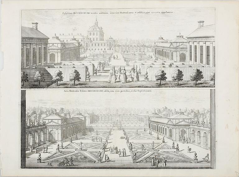 GRAVYRER, 5 st. Ur Suecia antiqua et Hodierna. Ur originalutgåvan, 1700-talets början. Föreställande Rosersbergs slott.