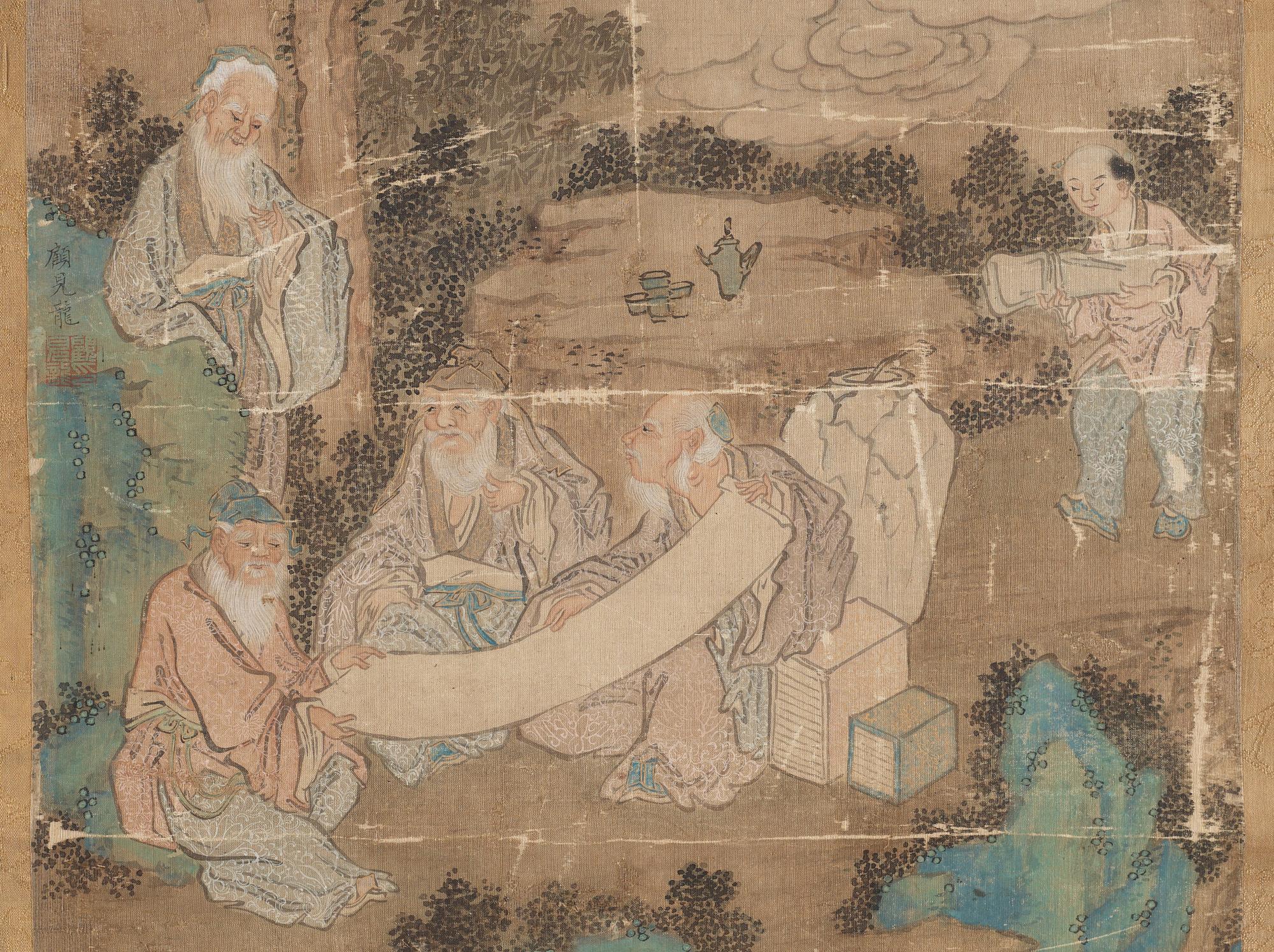 A hanging scroll with Scholars studying paintings in a garden, Qing dynasty, presumably 19th Century.