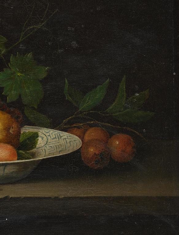 Joris van Son, follower of, Still life with a goldfinch, fruits, and a plate.