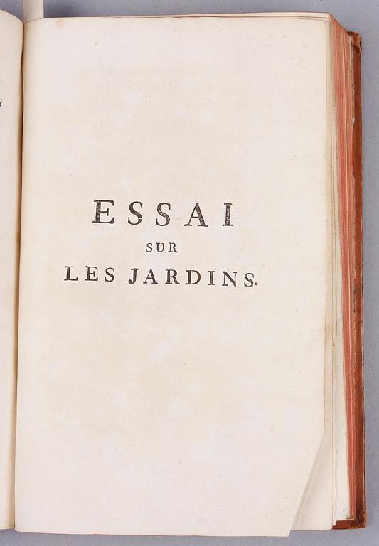 BÖCKER, 2 st sambundna, "Théorie des Jardins" av Jean Marie Morel resp "Essai sur Les Jardins" av M. Watelet. 1776 resp 1774.