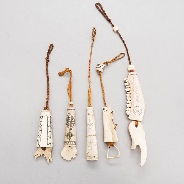 5 needle cases and 3 signed matchboxes, sami handicraft / duodji, first half of the 20th century.