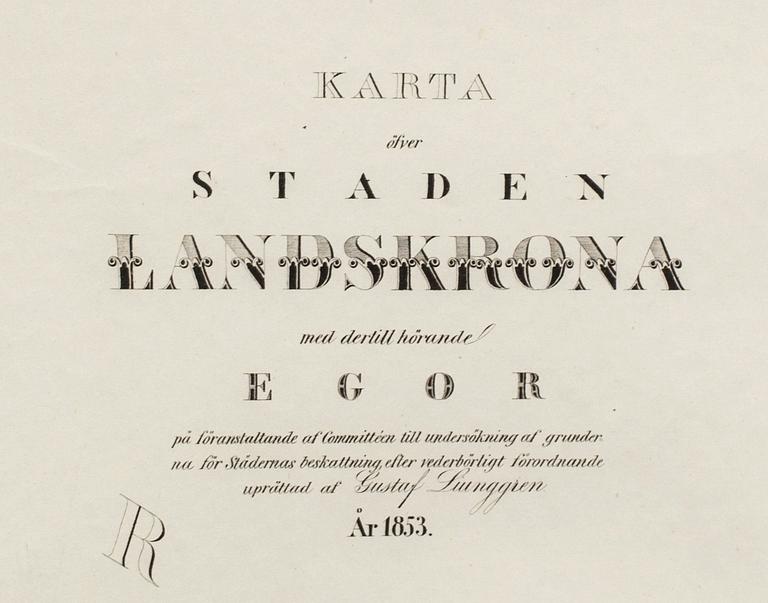 KARTA ÖFVER STADEN LANDSKRONA...Upprättad av Gustaf Ljunggren 1853.