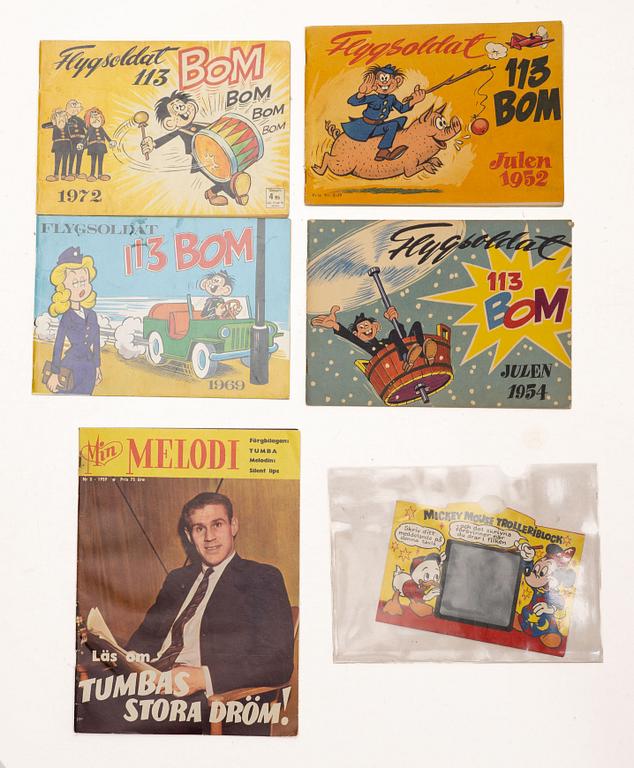 Collection of comic books, including "Salon Gahlin", "Pelle Svanslös" and "Elitserien", 1930s–1990s.