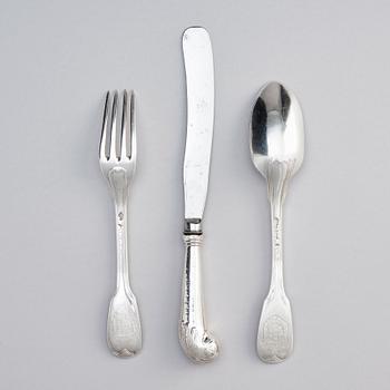 The von Fersen cutlery, a set of French silver cutlery, three pieces, 18th century.