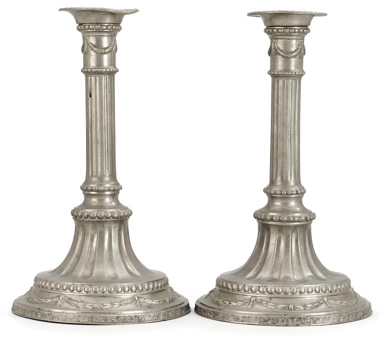 A pair of Gustavian pewter candlesticks by J. Sauer, Stockholm 1786.