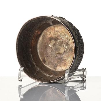 A Chinese brushpot, Qing dynasty, circa 1900. An archaistic bronze ewer and a silvered South East Asian bowl with stand.