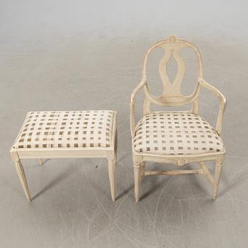 Armchair and stool, Gustavian style, modern production.