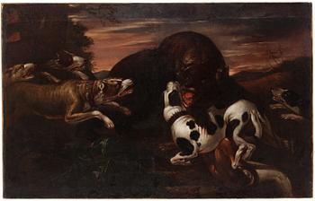 Frans Snyders Follower of, Bear hunt with dogs.