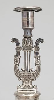 LJUSSTAKAR, ett par, silver, Petter Adolf Sjöberg, Stockholm 1828. Empire.