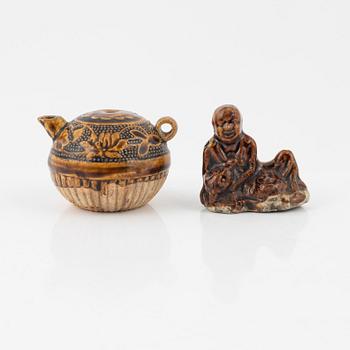 A brown glazed water dropper and a brush rest, Qing dynasty, 19th Century.