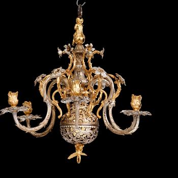 Carl Edberg's Masterpiece, a Swedish rococo silvered and gilt-brass six-light chandelier, circa 1755.