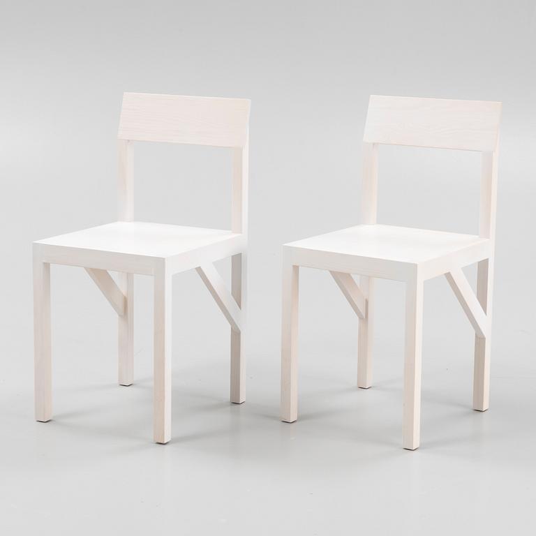 A pair of signed white stained pine 'Bracket Chairs' by Frederik Gustav for Frama, Copenhagen 2023.