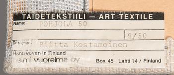 Riitta Kostamoinen, a tapestry signed RK and numbered 9 /50 for Helmi Vuorelma. Circa 100x150 cm.