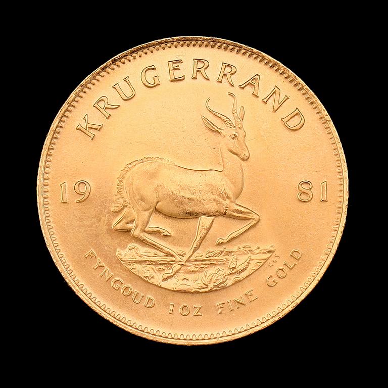 GULDMYNT, finguld, Krugerrand, Sydafrika, 1981. Vikt ca 34 g.