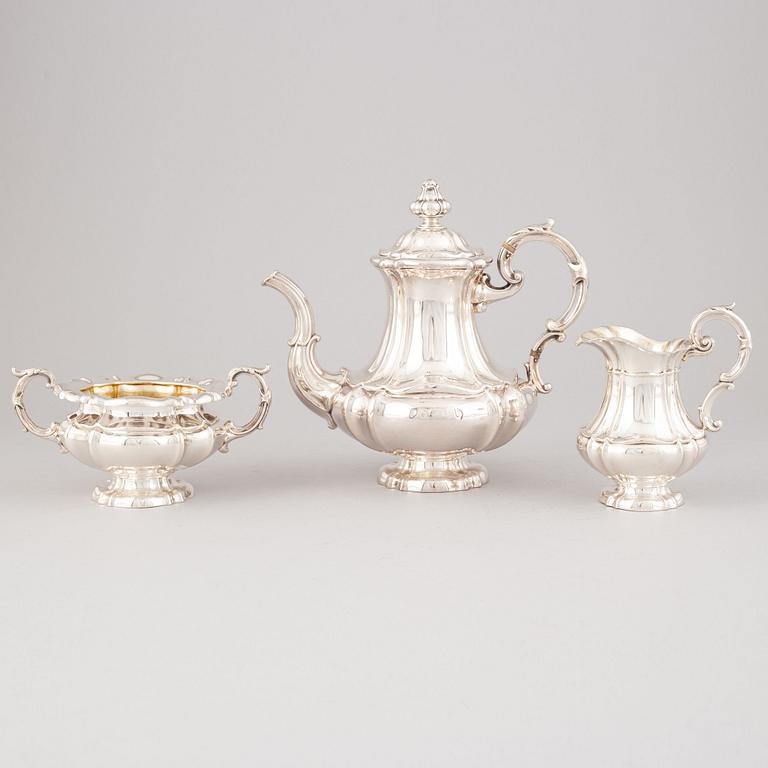 A three piee silver coffee set, Germany, presumably thr first half of the 20th century.