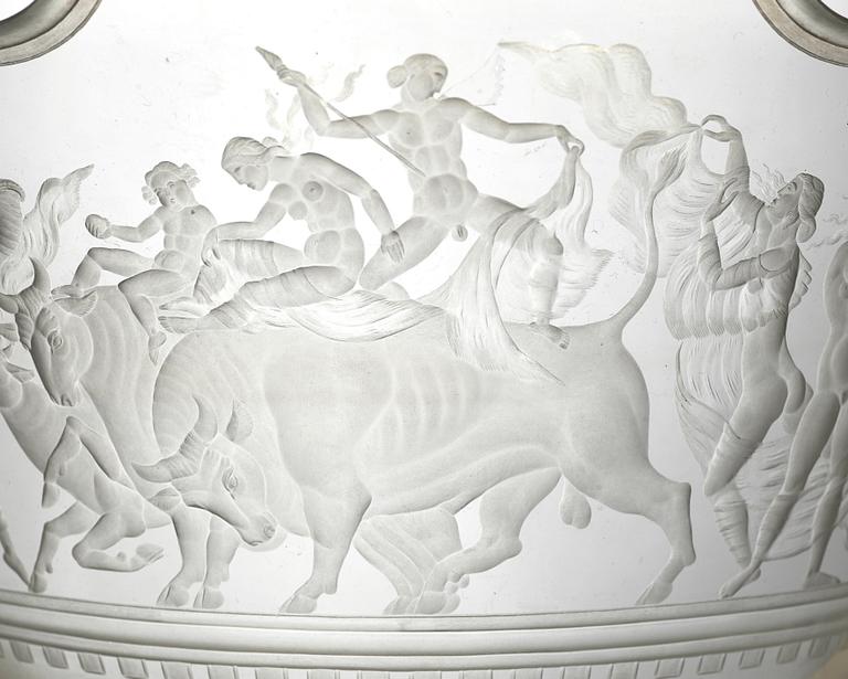 Simon Gate, a Swedish Grace engraved "Bacchus" bowl, Orrefors, Sweden 1926, engraved by Arthur Diessner.