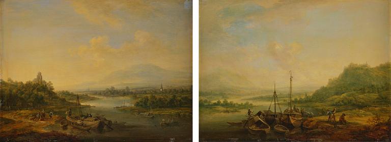 Christian Georg Schütz, Pastorala flodlandskap med figurer och båter, ett par.