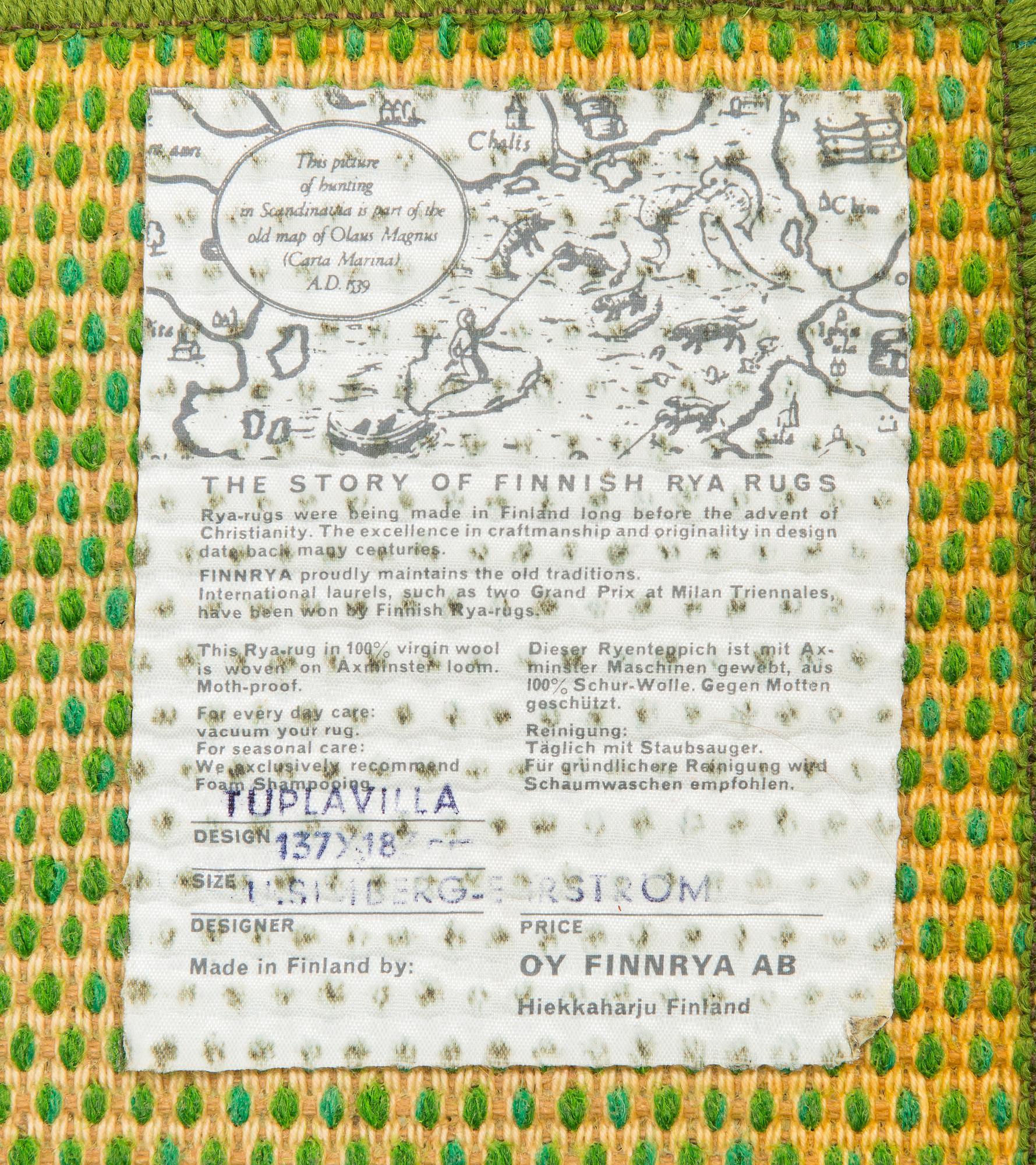 Uhra-Beata Simberg-Ehrström, a ryijy rug for Oy Finnrya Ab. Ca. 177x136 cm.