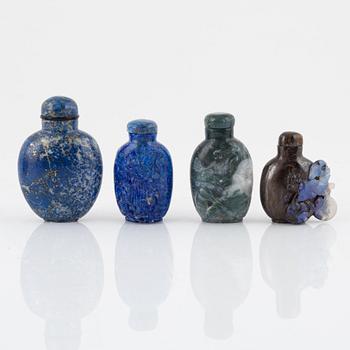 Eight snuff bottles, mottled stone, China, 20th century.