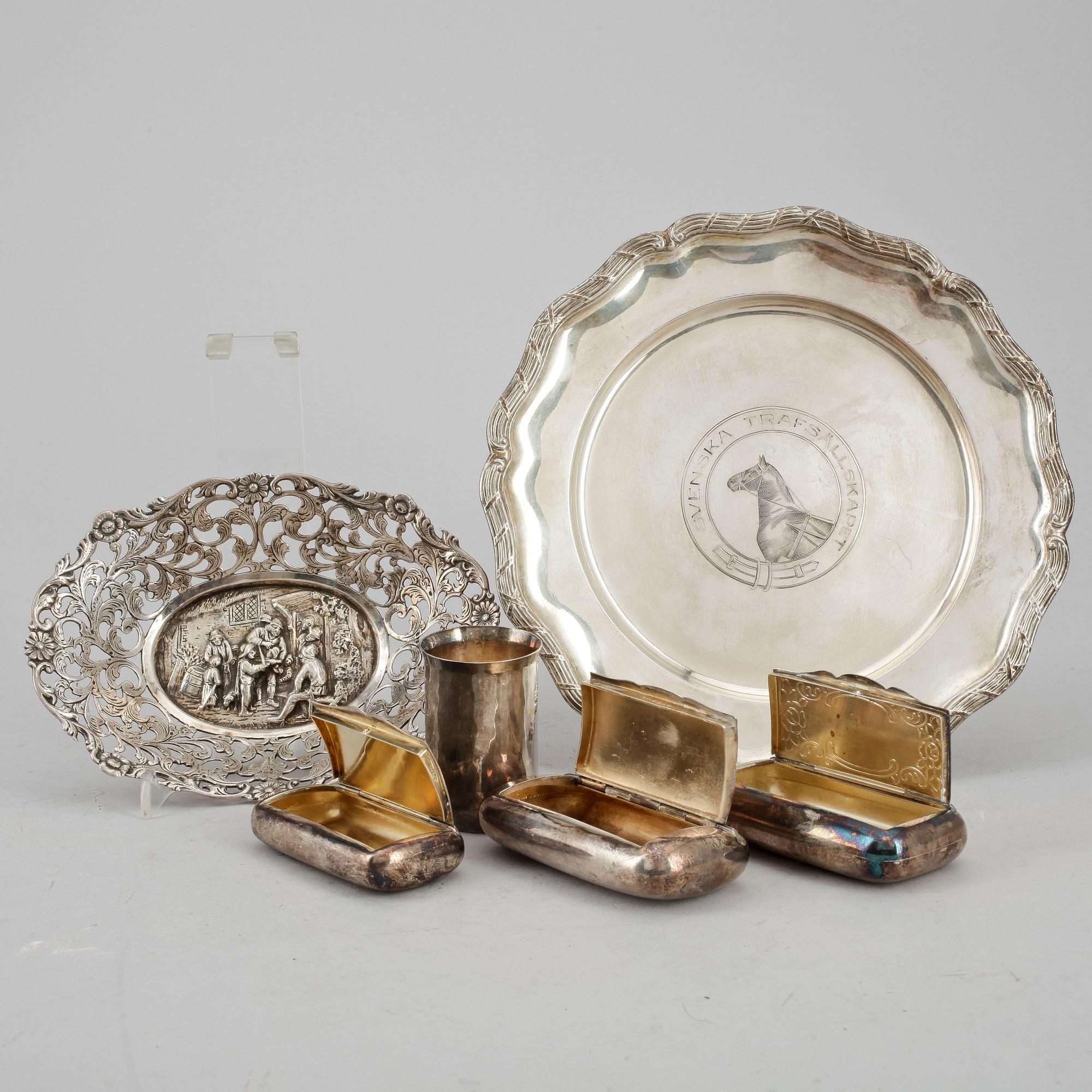 PARTI SILVERFÖREMÅL, 6 delar, bla CG.Hallberg, 1900-tal. Tot ca 690 gram.