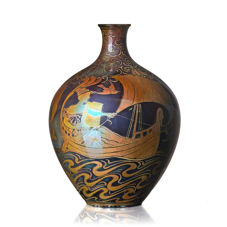 Walter Crane, & William Salter Mycock, a lustreware "Sea Maiden" vase, Pilkington Royal Lancastrian, England, 1910s.
