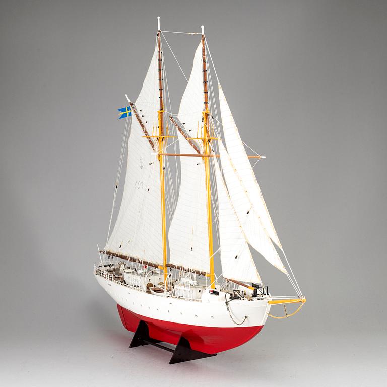 A painted wood ships model of Swedish navy ship 'Falken'.